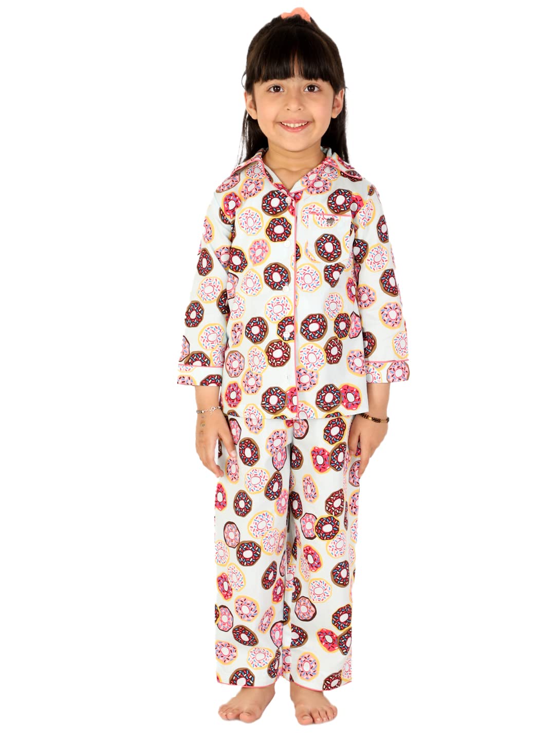 White Dahlia Cotton Donut Print Night Suit for Girls II Pure Cotton Night Suits for Girls II Girls Night Dress II Latest Kids Ni