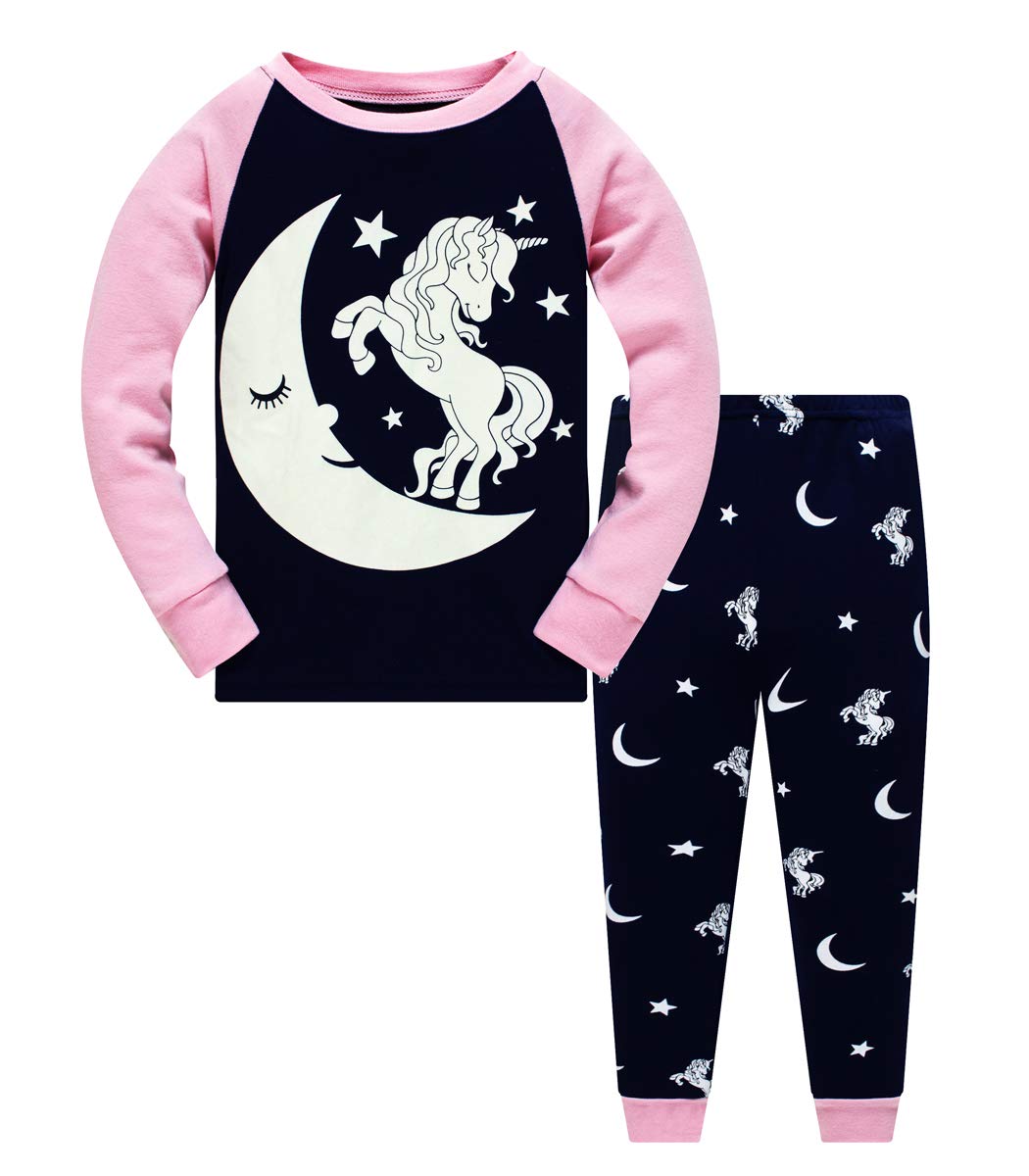Unicorn Pajamas for Girls Glow in the Dark Kids PJs 100%Cotton Toddler Sleepwear Clothing Sets(GlowUni6206 6T)