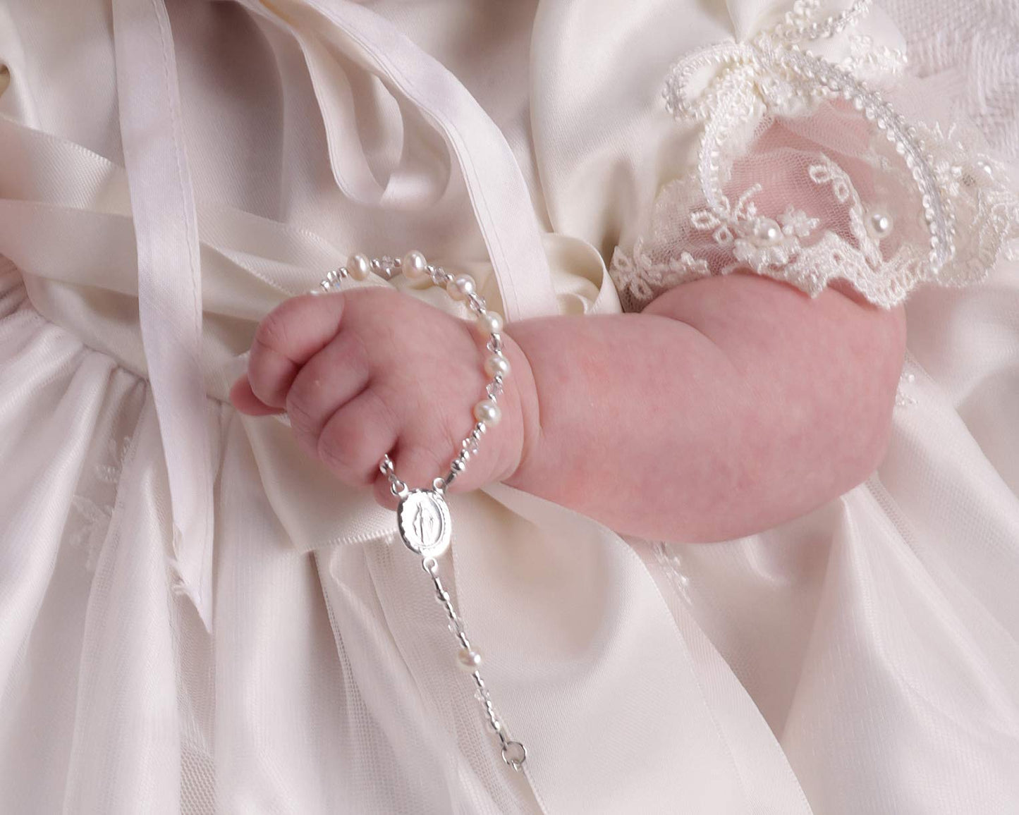 Precious Pieces Sterling Silver Baptism Baby Rosary In White
