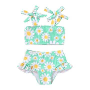 Younger Tree Toddler Girls Two Pieces Swimsuit Color Block Stripe Swimwear Summer Beach Bathing Suit 18M-5T(Green#Daisy 12-18 Mo