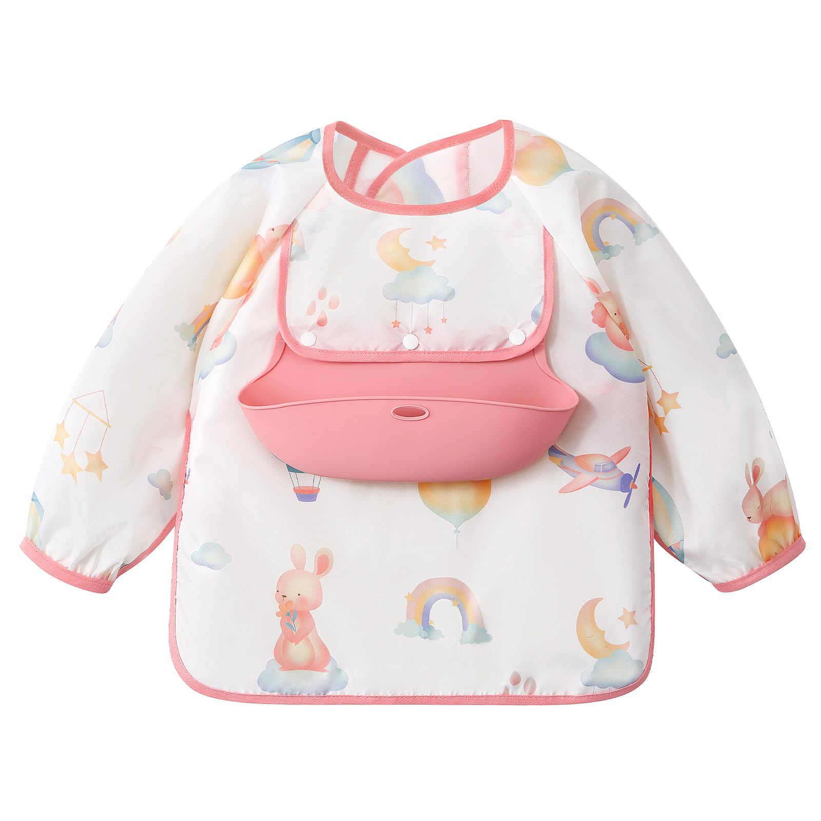 Usbettas Long Sleeve Bib With Silicone Catch Pocket, Waterproof Feeding Bibs For Toddlers, Machine Washable, Baby Smock Bib For