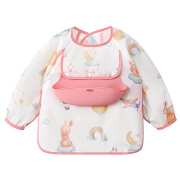 Usbettas Long Sleeve Bib With Silicone Catch Pocket, Waterproof Feeding Bibs For Toddlers, Machine Washable, Baby Smock Bib For