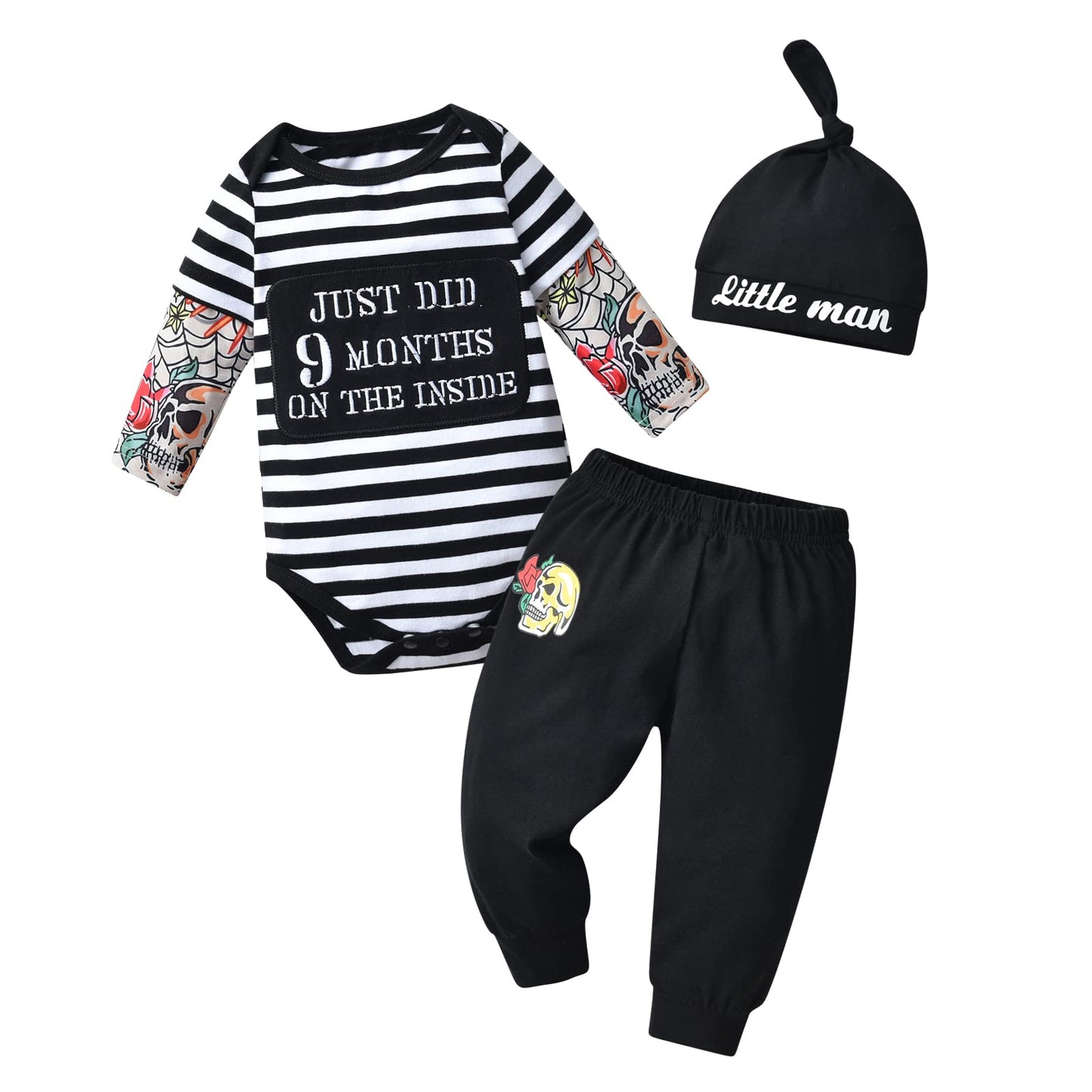 Kukitty Newborn Infant Baby Boy Clothes Long Sleeve Stripe Splicing Romper + Pants + Hat 3Pcs Outfits Set (0-3 Months) Black