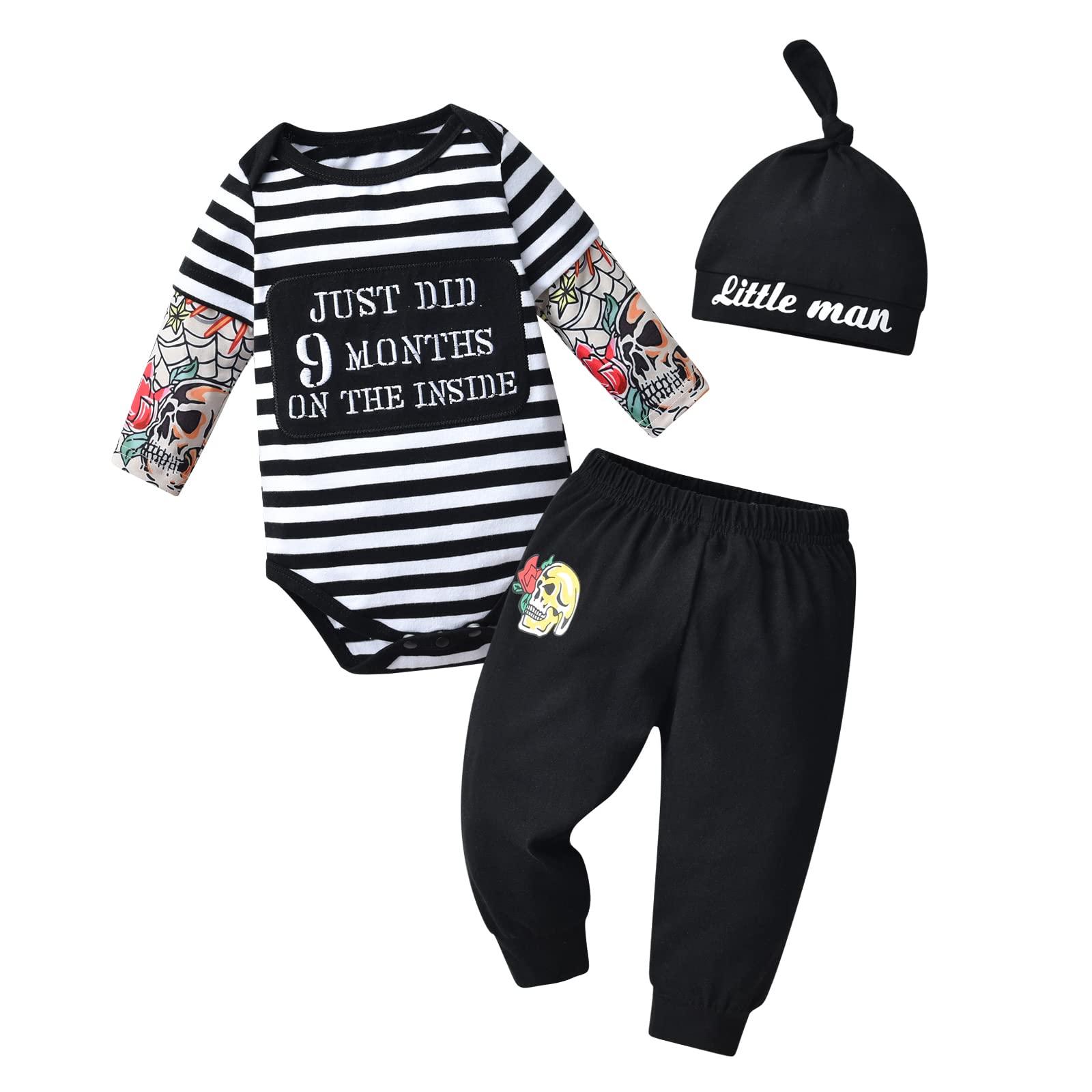 Kukitty Newborn Infant Baby Boy Clothes Long Sleeve Stripe Splicing Romper + Pants + Hat 3Pcs Outfits Set (0-3 Months) Black