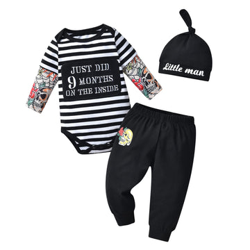 Kukitty Newborn Infant Baby Boy Clothes Long Sleeve Stripe Splicing Romper + Pants + Hat 3Pcs Outfits Set (0-3 Months) Black