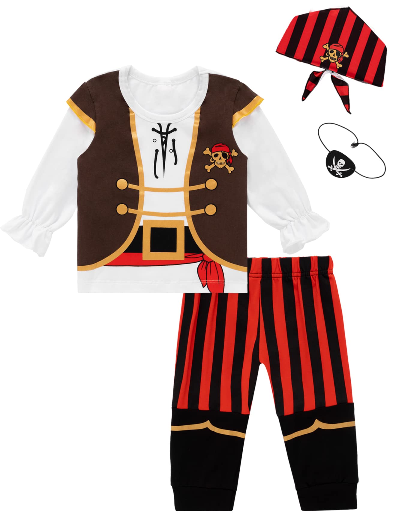 Auggle Baby Boy Outfits Pirate Set For Children Halloween Costume Kid Long Sleeve With Head Scarf (Red,4T)