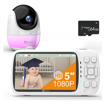 DEASON No WiFi Baby Monitor with Camera and Audio, Early Education and White Noise 64G TF Card 5 Screen 1080P Video 2-Way Talk, 