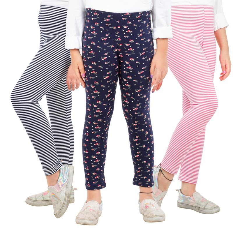 ARIEL Girls Cotton Printed NonTransparent Regular Fit Ankle Length Leggings(ARGLegP334(Pinkstr,Blue,Blackstr)_Multicolor_3