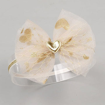 Bethynas Lace Bowknot Headband Gauze Bow Elastic Hairband Birthday Party Princess Crown Heart Hair Accessories (Gold)