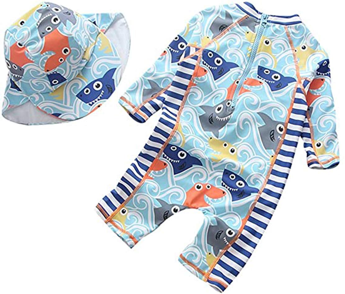 Best For All Baby Boys Kids Swimsuit Toddlers One Piece Zipper Bathing Suit Swimwear With Hat Rash Guard Surfing Suit (Light Fis