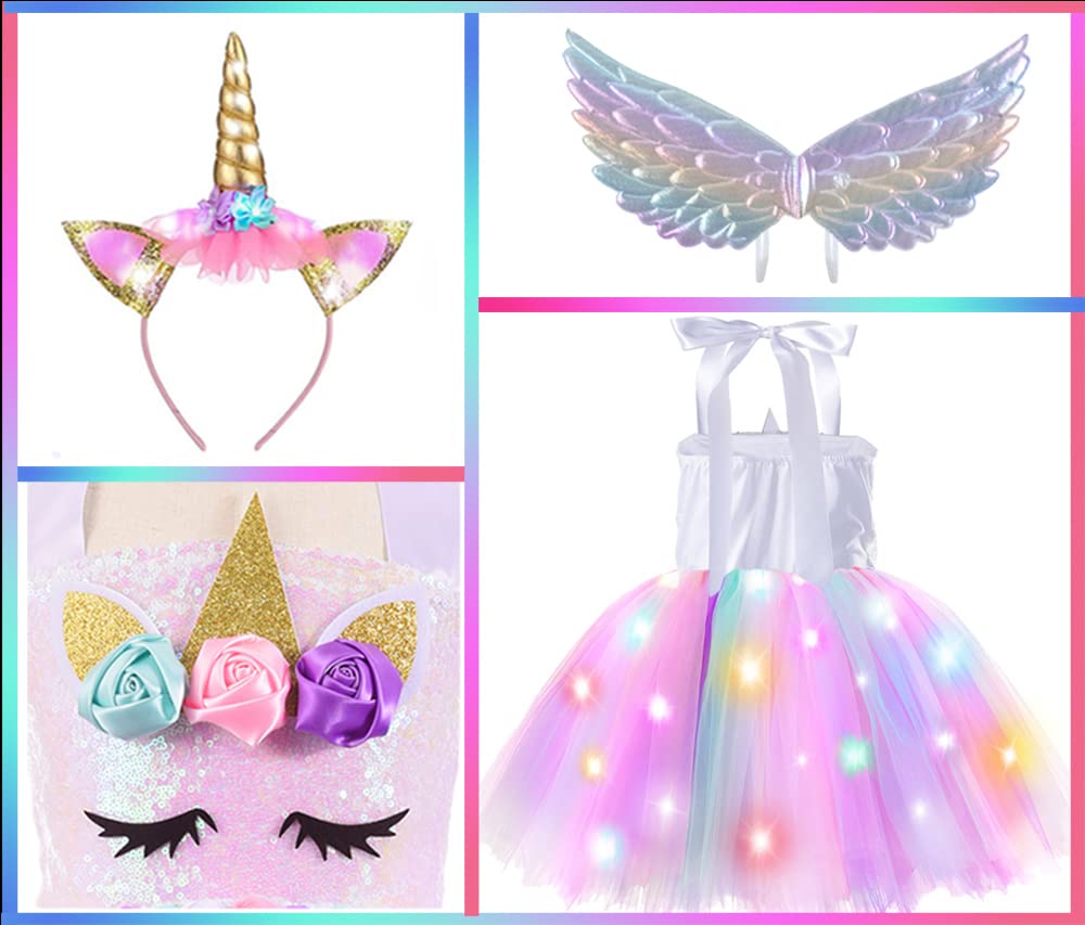 Genafy Girls Unicorn Sparkly Dress Light Up Halloween Christmas Decorations Birthday Party Princess Outfit Kids 3 4 Year Old Gir