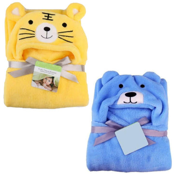 BRANDONN Babys Tiger and Dog Design Hooded Wrapper Cum Baby Bath Towel ( Yellow and Blue )  Pack of 2