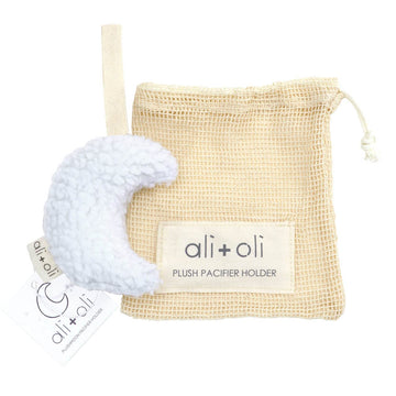 Ali+Oli Plush Pacifier Holder (Moon-White) Soft Binky Holder for Babies, Plush Holder for Pacifiers, Cute Baby Binkies Plush Hol
