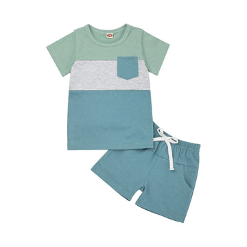 12-18 Month Boy Clothes Toddler Boys Summer Outfits Short Sleeve Patchwork T-Shirt & Solid Shorts Clothing Set 2 Piece, Light Bl