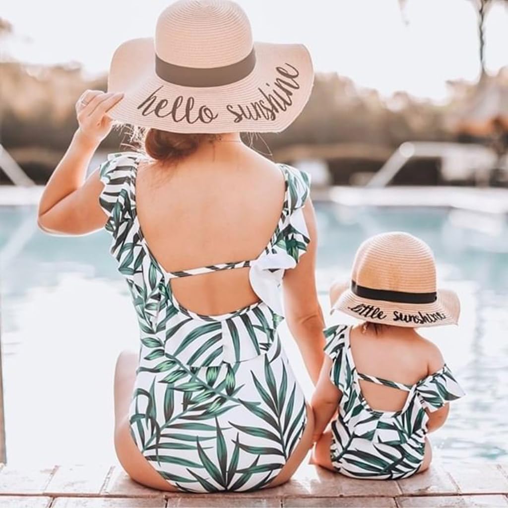 Iffei Mommy And Me Swimsuit One Piece Leaves Printed Ruffle V Neck Bathing Suits Family Matching Swimwear Green Girls: 3-4 Years