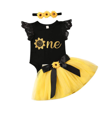 Ma&Baby Newborn Girls 1St Birthday Outfit Ruffled Floral One Romper Yellow Tutu Skirt Dress First Birthday Girl Outfit (Black+Ye
