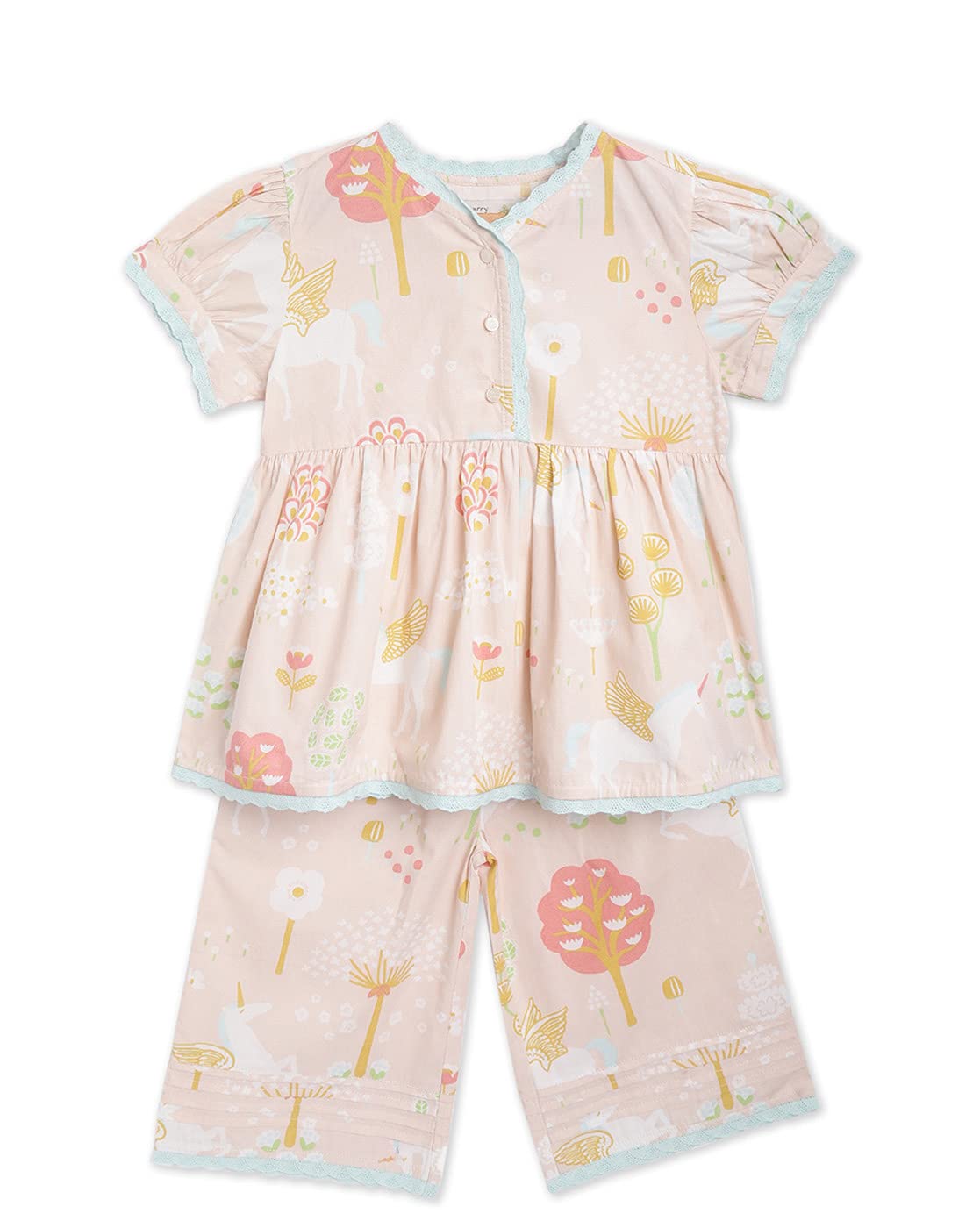 Cherry Crumble Peach Floral Printed 100% Cotton Half Sleeves V Collar Night Wear Regular Fit Summer Nightsuit for Girls