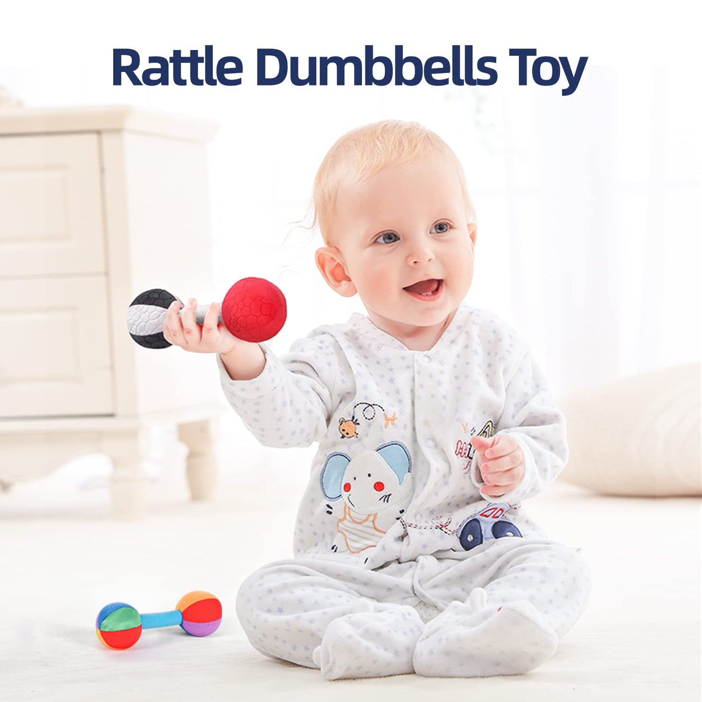 Jollybaby Soft Plush Stuffed Baby Dumbbell Rattle Toys for 0-3-6 Months Newborn, High Contrast Colorful Sensory Rattles Weights