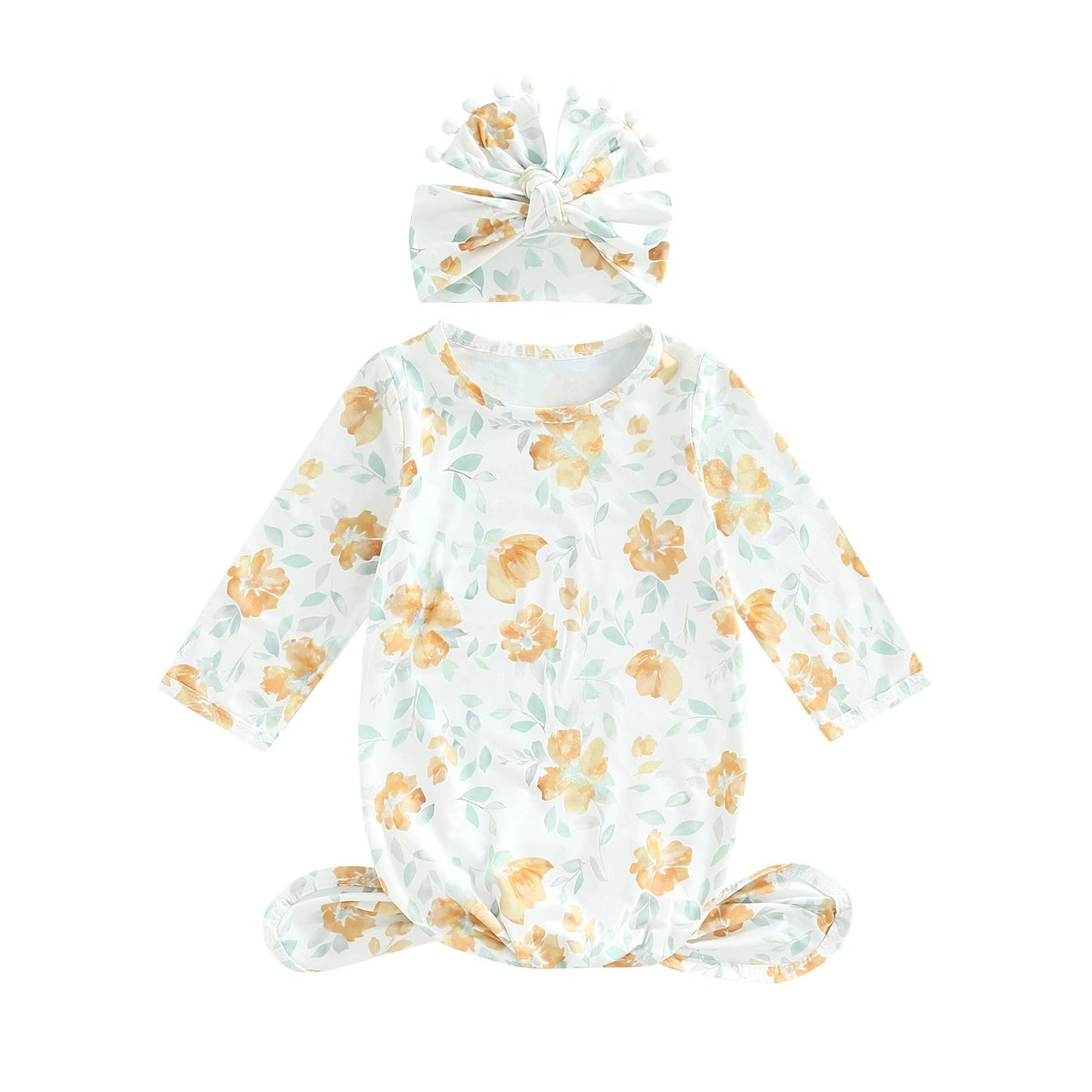 Infant Newborn Baby Girls Floral Sleep Gown Headband Sleepwear Romper Sleeping Bags Outfits (Floral&Greenyellow, 0-3 Months)