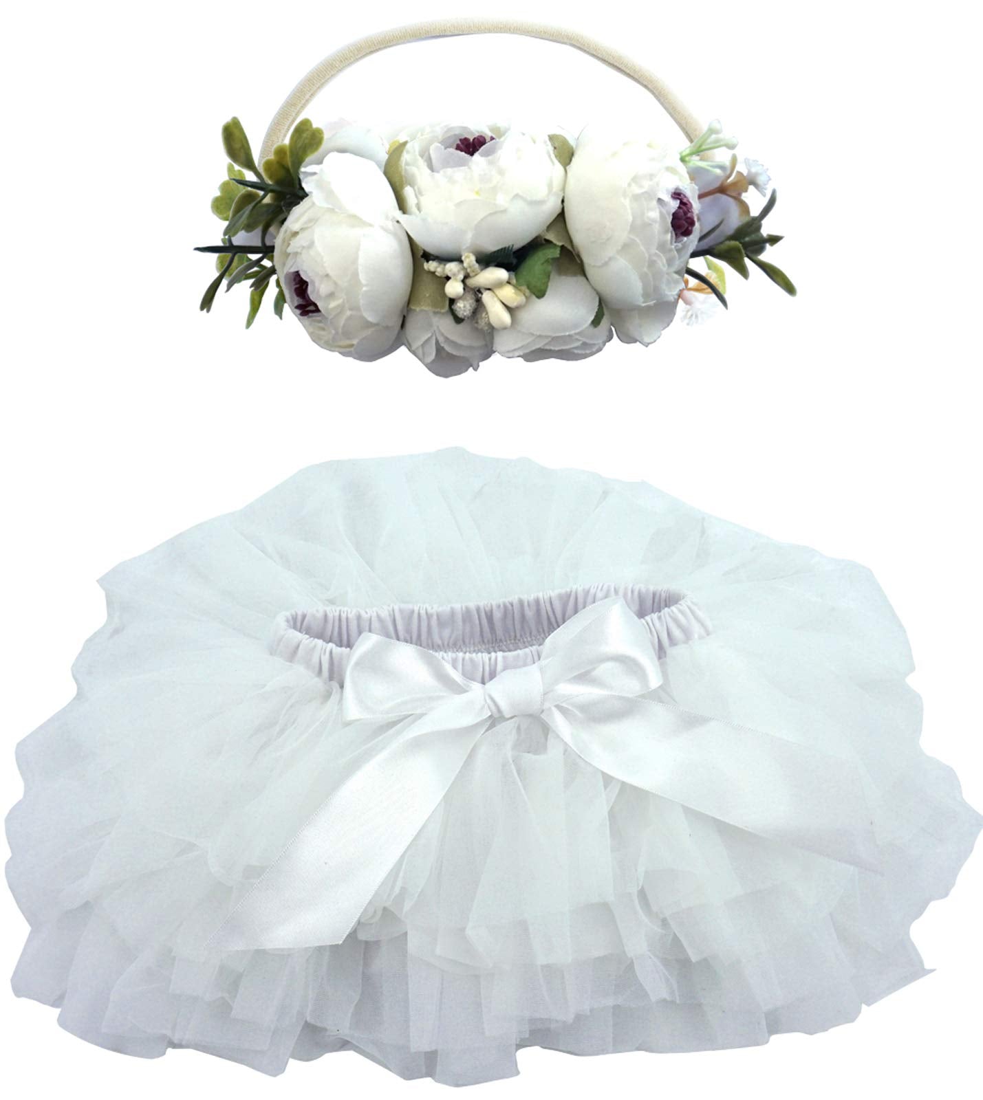 Bgfks Baby Girls Soft Fluffy Tutu Skirt With Diaper Cover,Toddler Girl Tutu Skirt Sets With Flower Headband White
