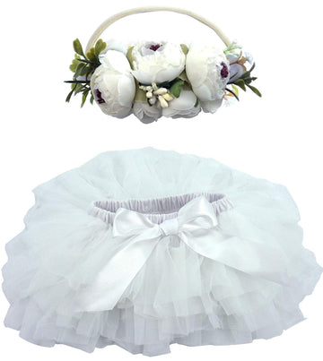 Bgfks Baby Girls Soft Fluffy Tutu Skirt With Diaper Cover,Toddler Girl Tutu Skirt Sets With Flower Headband White
