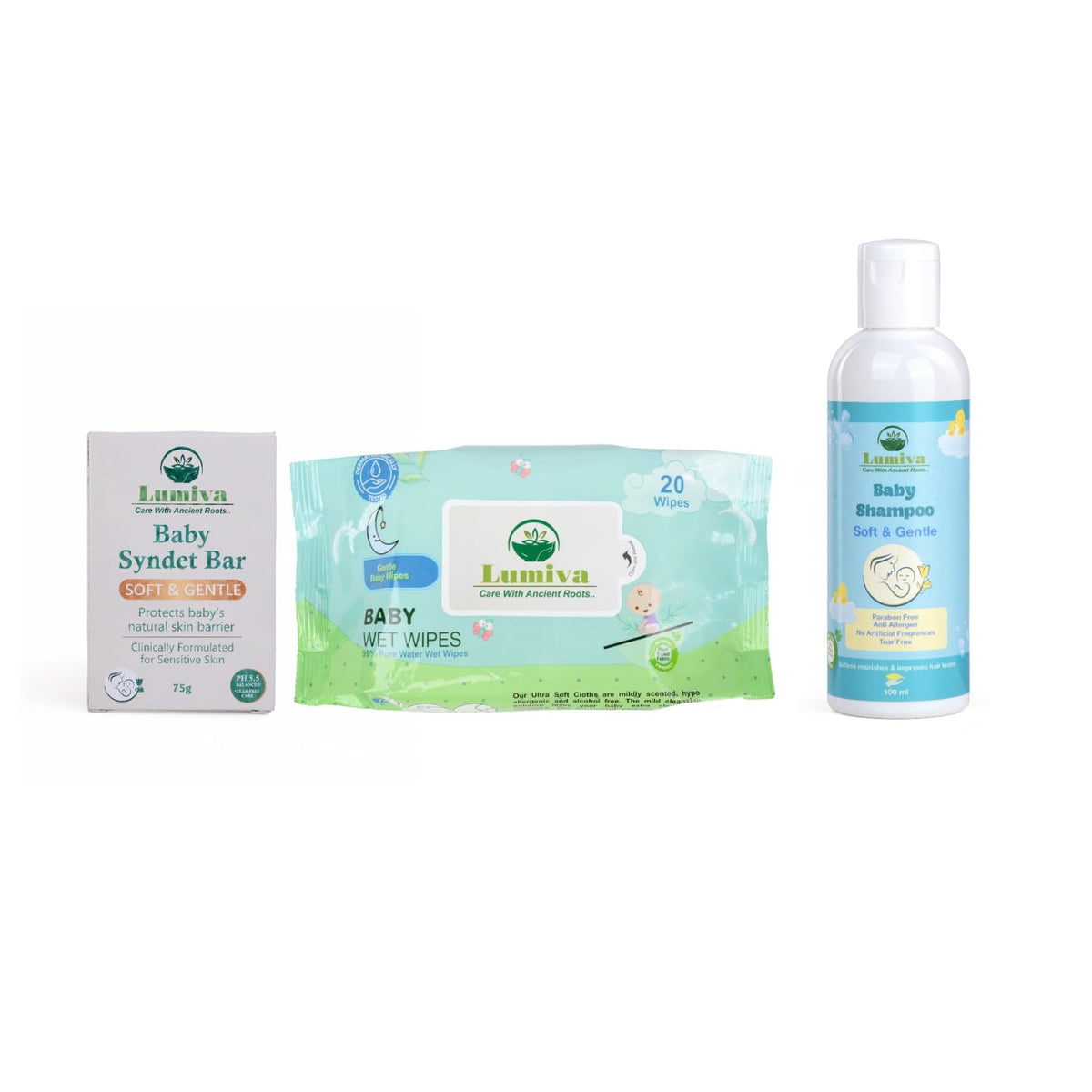 Lumiva Baby Care Combo Pack With Syndet Bar 75Gm, Baby Wet Wipes 20 Sheets And Mild Shampoo 100Ml | Gentle Tear Free | Daily Use