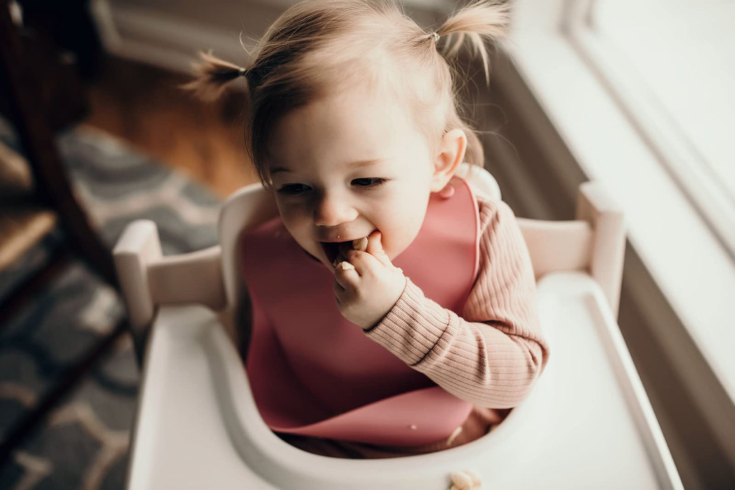 Three Little Tots Modern Silicone Baby Bib - Adjustable Fit Waterproof Catch Bibs ((Rose)