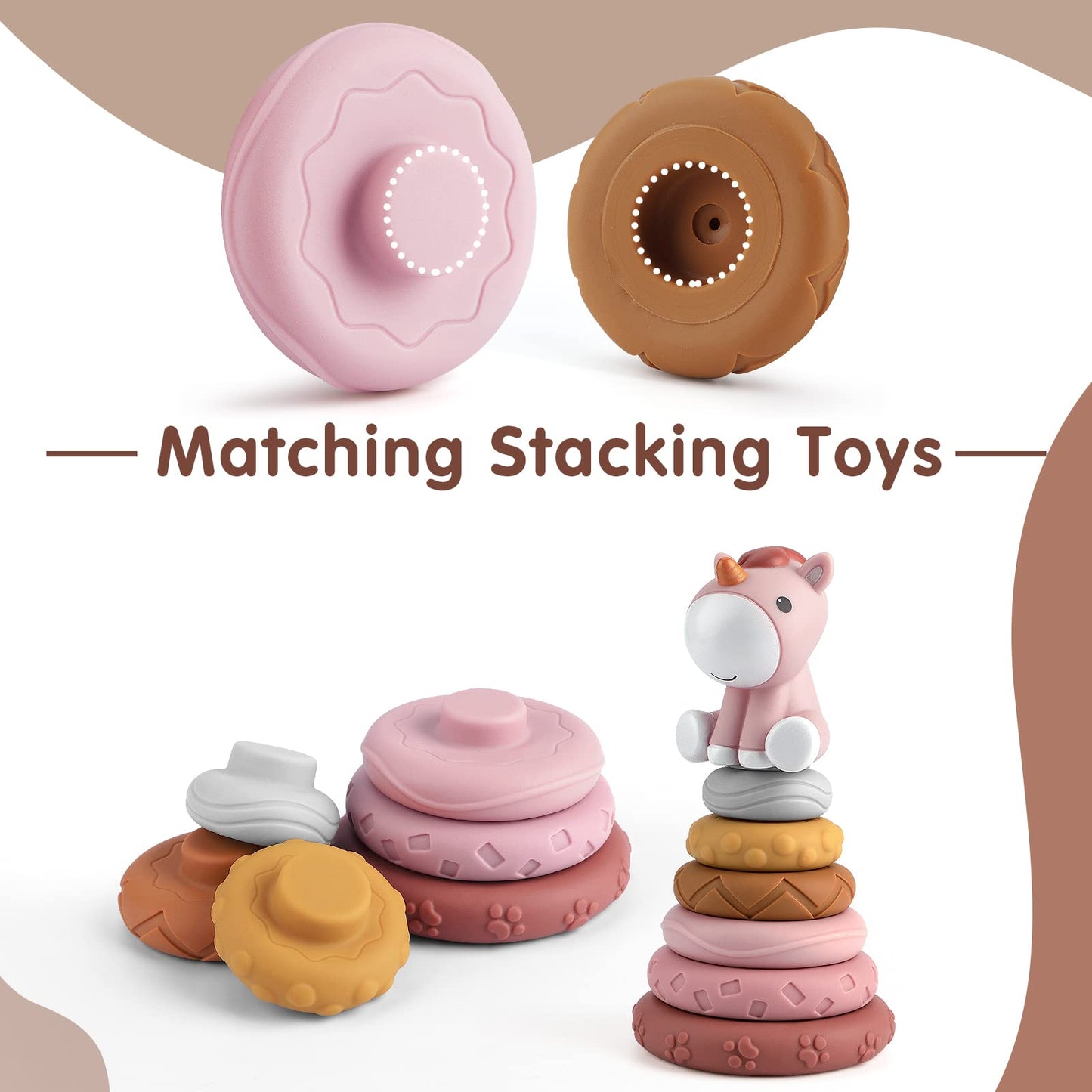 Nueplay 7 Pcs Stacking & Nesting Baby Toys, Squeeze Teething Toys and Building Circle with Pink Horse Figure, Newborn Essentials
