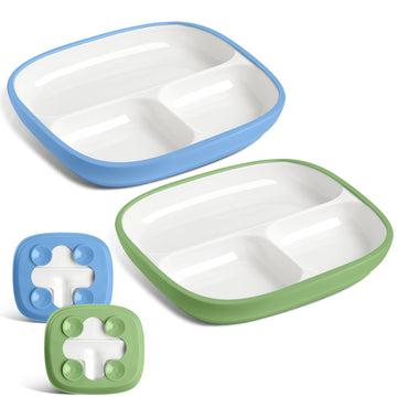 Domensi 2 Set Kids Porcelain Plates with Silicone Sleeves 8.2 Inch Divided Porcelain Plate Toddler White Suction Dishes for Baby