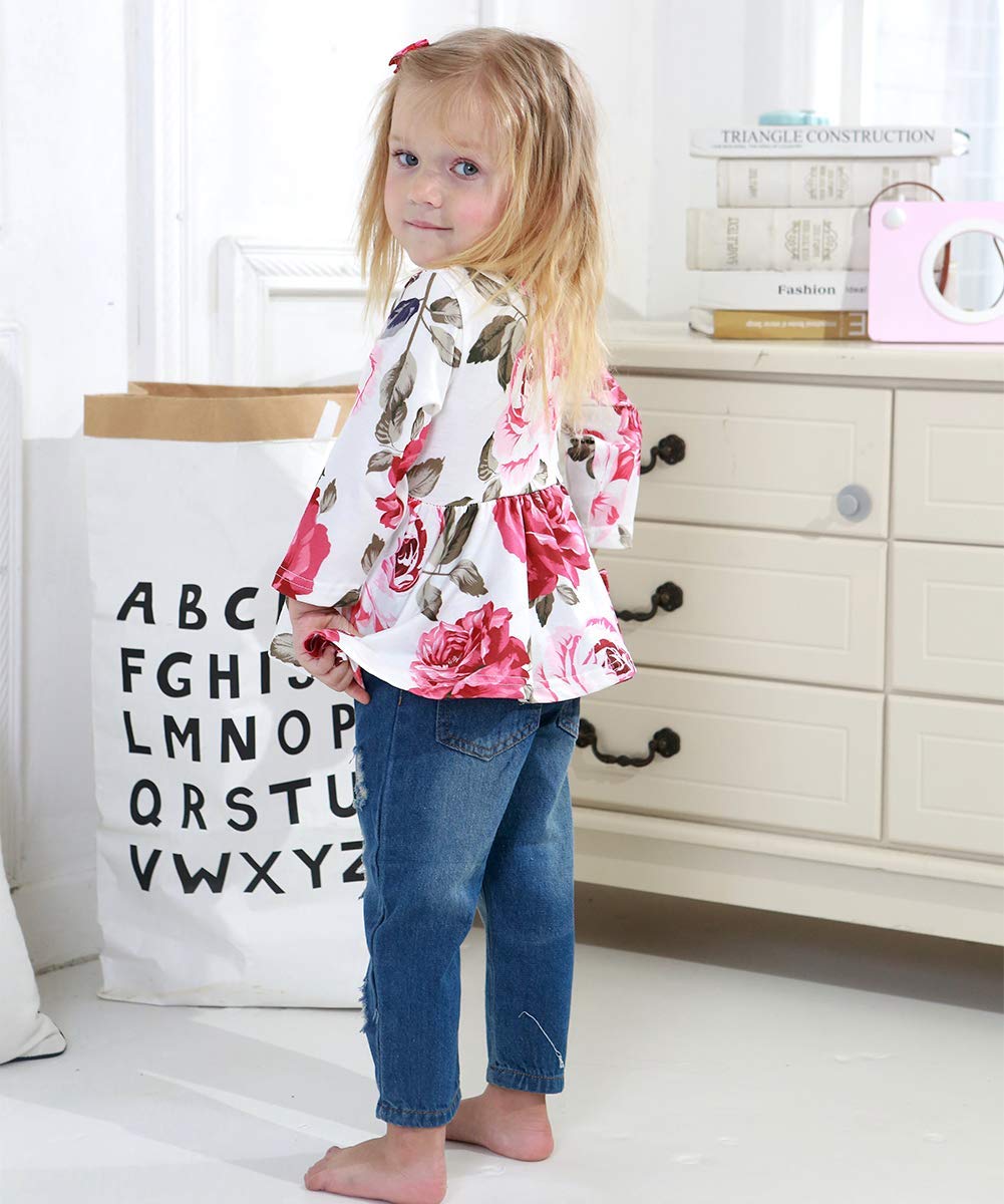 Caretoo Baby Girl Outfit Infant Clothes Flower Printed Round Neck Ruffle Top Casual Ripped Jeans Fashion Outdoor Baby Girls Clot