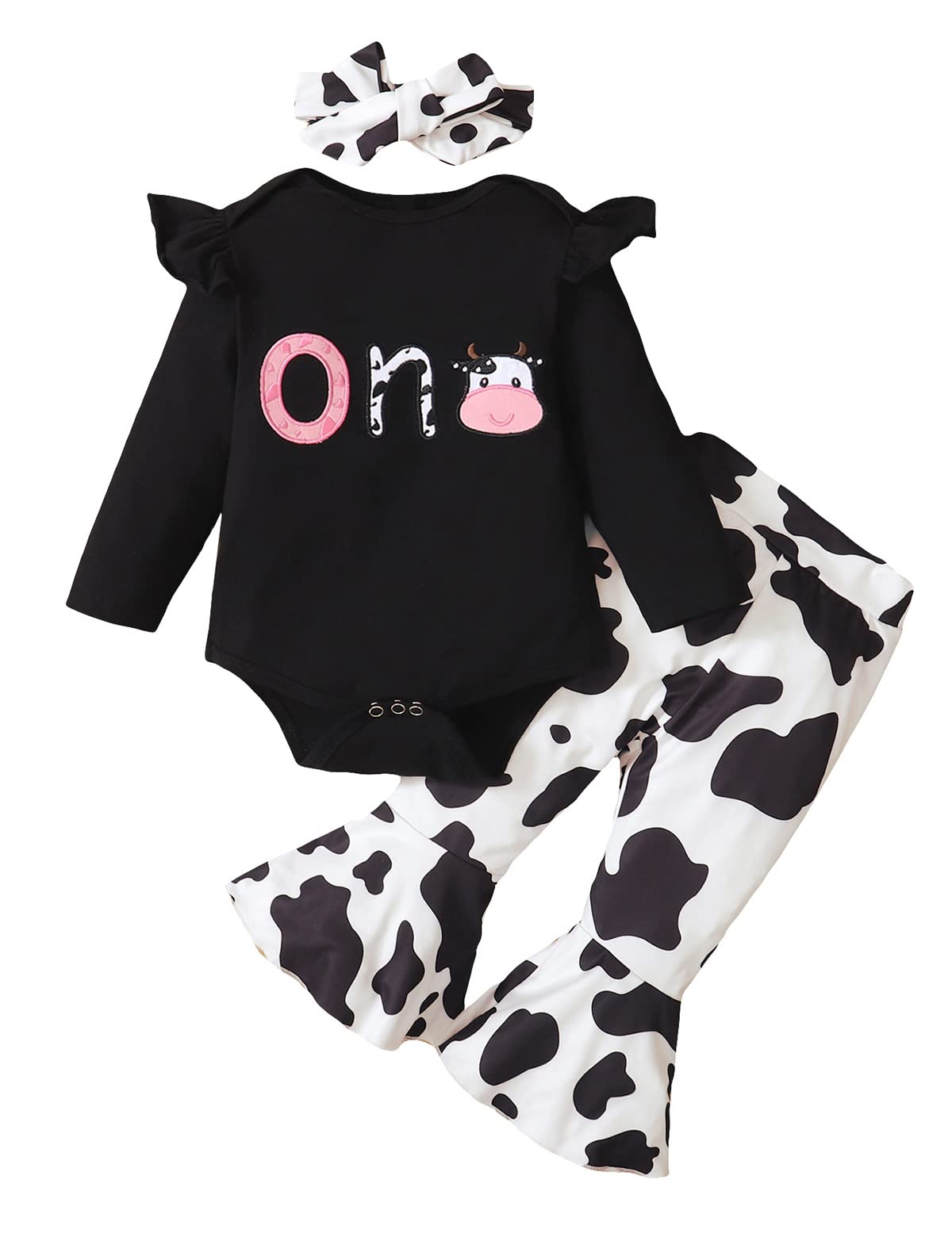 Detigee 1St Birthday Outfit For Girls Cow Birthday Outfit Infant First Birthday Clothes (Black,12-18 Months) (A1019A)