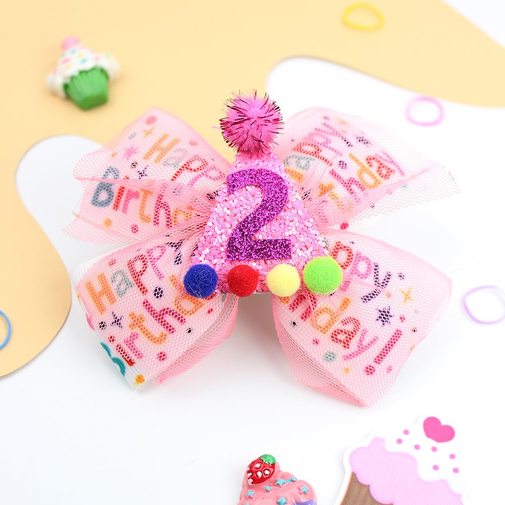 2nd Birthday Decorations Bow Hair Clips for Girls,Glitter Pink Happy Birthday Boutique Grosgrain Hair Bows Barrettes Alligator C