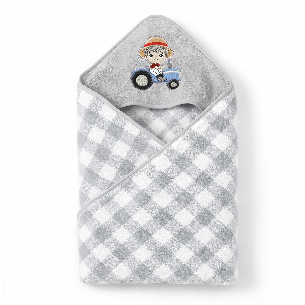 Hi mom Baby Hooded Towel, Peach Gingham, Teddy Bear Rainbow Embroidery, Soft Wrap for Infants (Grey)