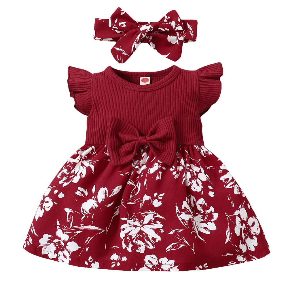 Hopscotch Girls Floral Print KneeLength Casual Dress With Headband In Red Color For Ages 912 Months