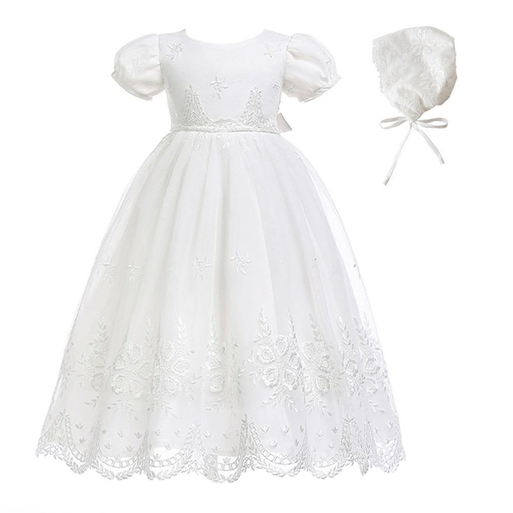 Glamulice Baby Girls Newborn Satin Christening Baptism Floral Embroidered Dress Gown Outfit Lace Formal Party Dresses White 12M/