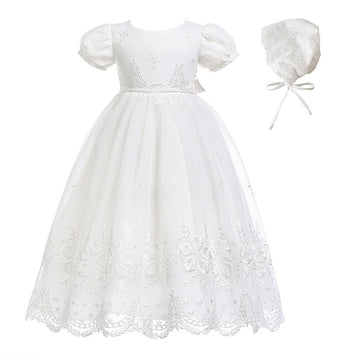 Glamulice Baby Girls Newborn Satin Christening Baptism Floral Embroidered Dress Gown Outfit Lace Formal Party Dresses White 12M/
