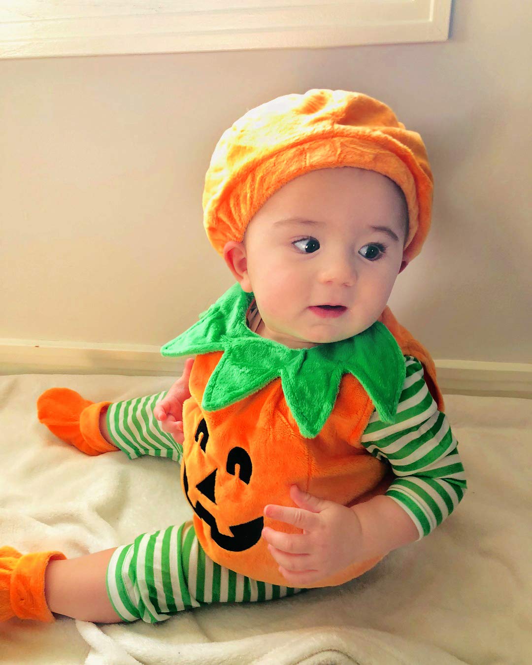 Visgogo Baby Boy Girl Halloween Pumpkin Romper Bodysuit+Hat+Shoes 3Pcs Outfit Costumes (6-12 Months)
