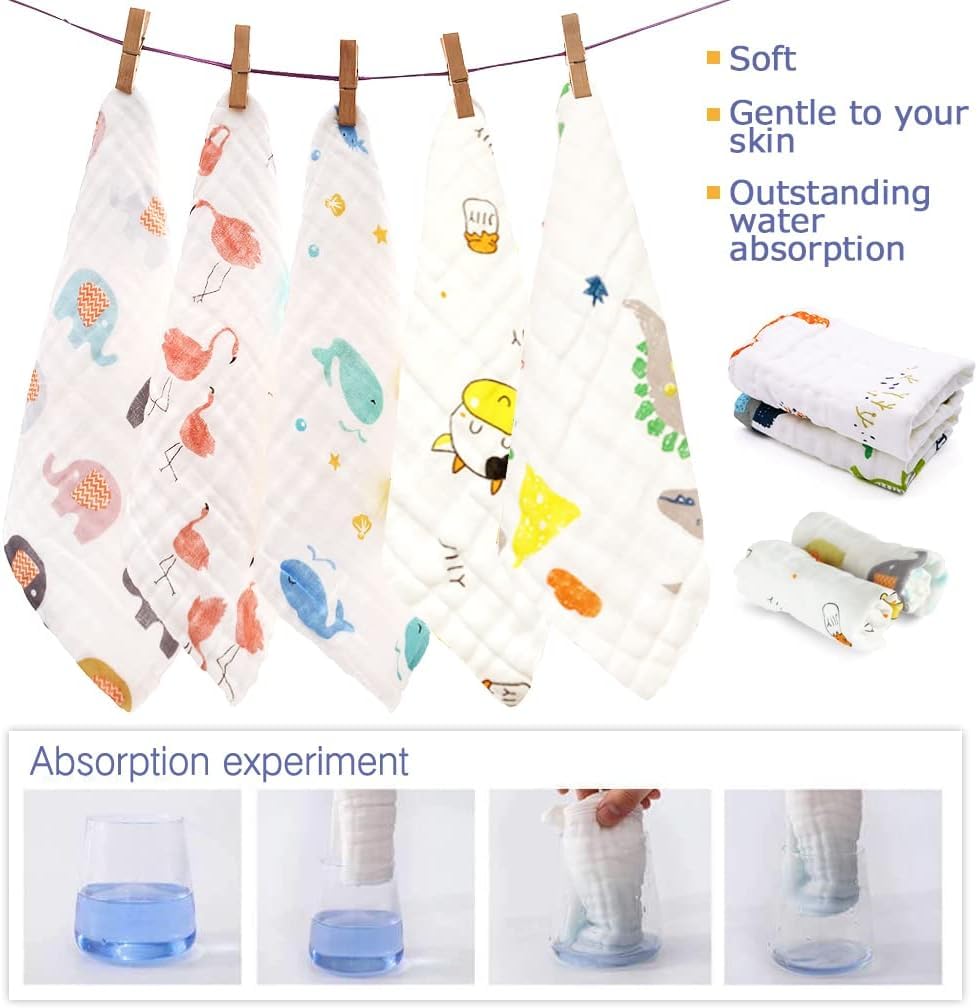 Maveek 9 Pack Toddlers Burp Cloths, 9.8'' X 9.8'' Baby Drool Bib Strong Absorbent Muslin Washcloths Handkerchief Saliva Wipes Fo