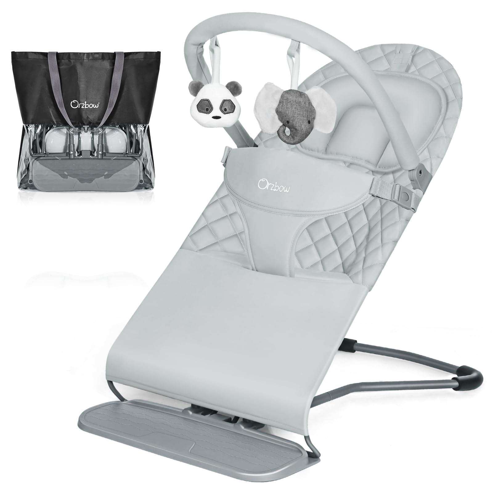 Orzbow Portable Baby Bouncer, Foldable Baby Bouncer Seat with Storage Bag and Removable Play Bar, 3 Recline Positions, 0-12 Mont