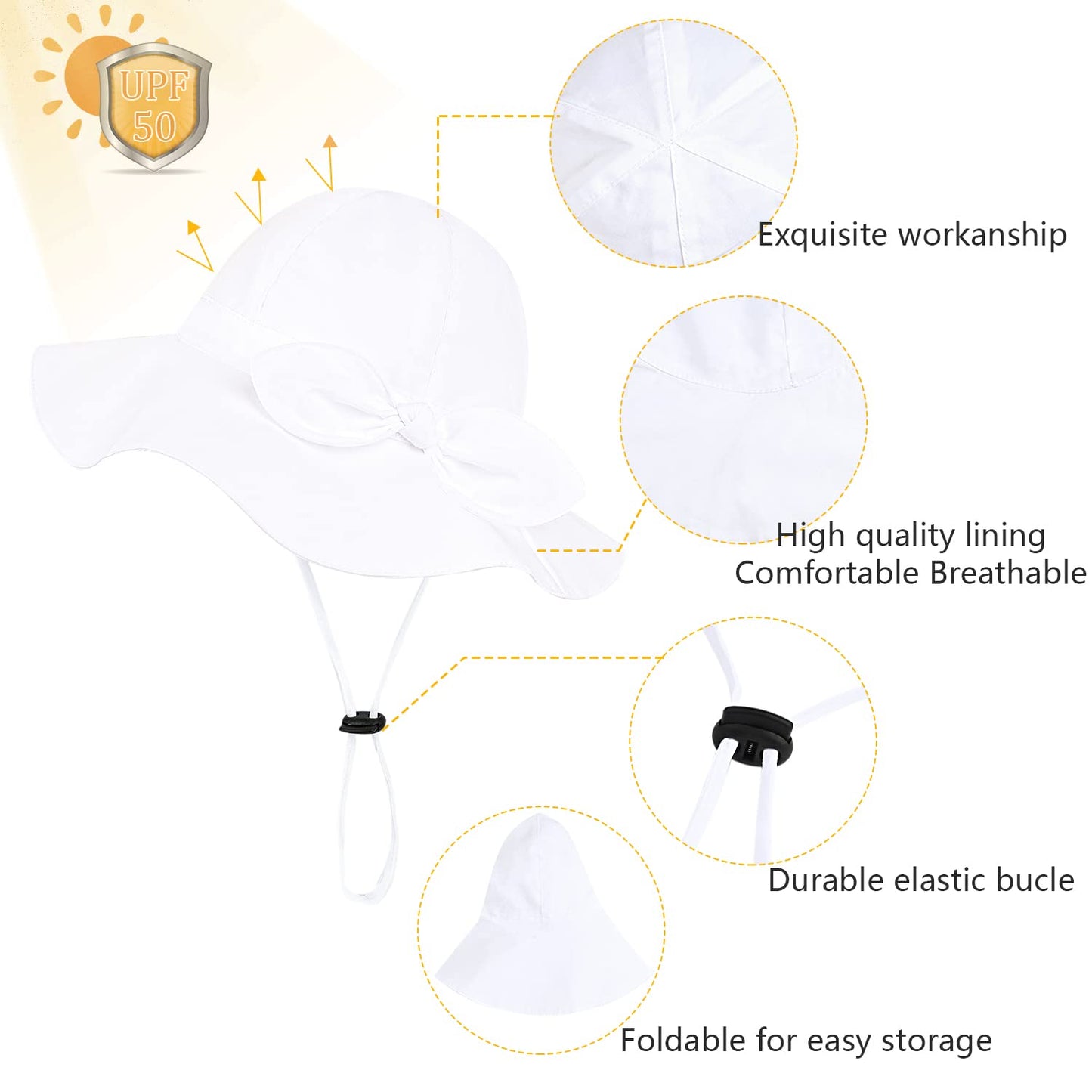 Baby Girl Sun Hat With Upf 50+ Outdoor Adjustable Beach Hat With Wide Brim Bucket Hats (2-3 Years,White Pink)