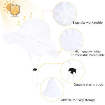 Baby Girl Sun Hat With Upf 50+ Outdoor Adjustable Beach Hat With Wide Brim Bucket Hats (2-3 Years,White Pink)