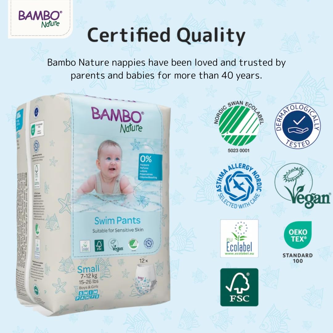 Bambo Nature Hypoallergenic Swim Pants, Eco-Labeled Swim Diapers, Double Leak Barriers - Small (120 Count)