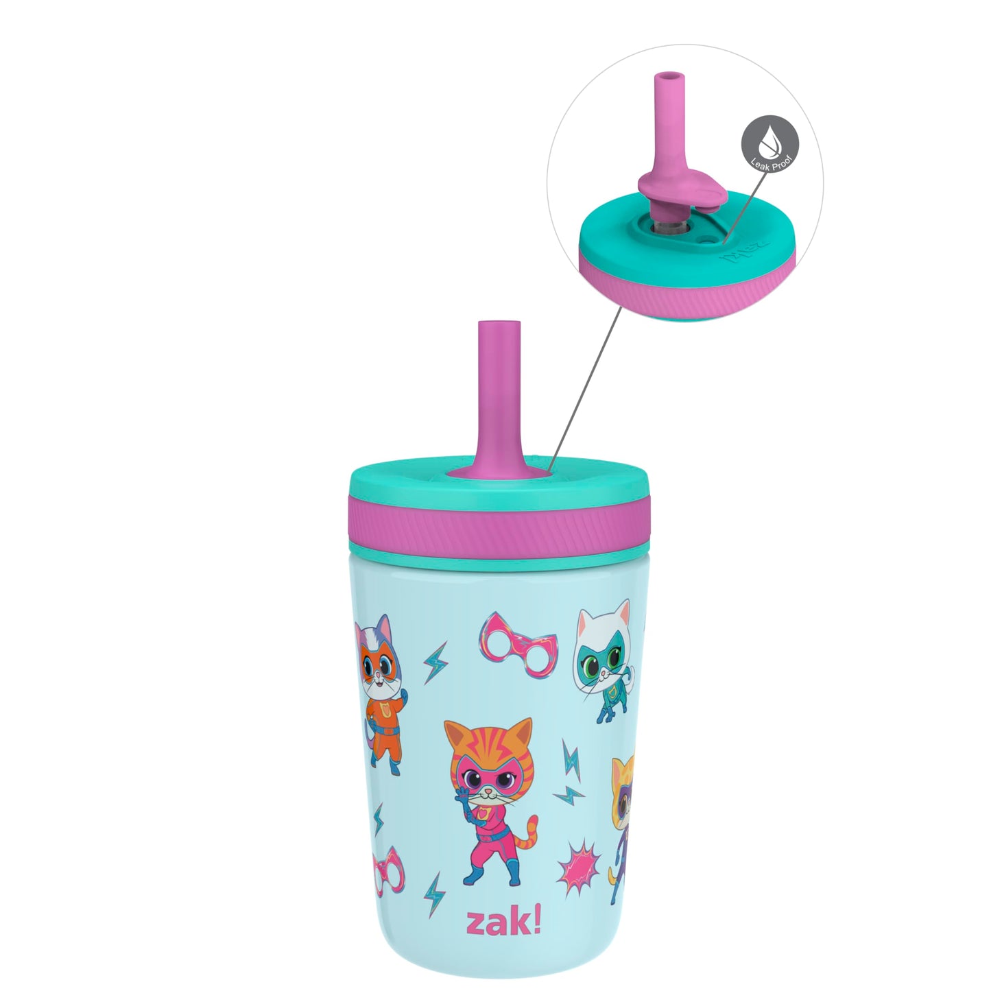 Zak Designs SuperKitties Kelso Toddler Cups For Travel or At Home, 12oz Vacuum Insulated Stainless Steel Sippy Cup With Leak-Pro