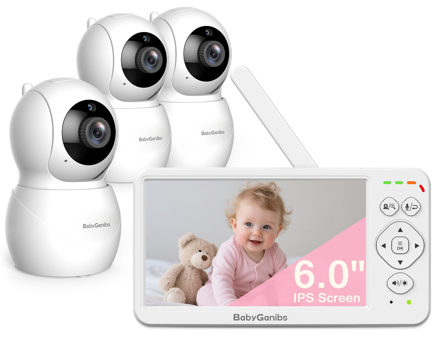 Baby Ganibs 6 Big Screen No WiFi Baby Monitor with 3 Cameras, 1000ft Long Range, 2-Way Talk, 8 Lullabies, ECO Mode, Infrared Nig