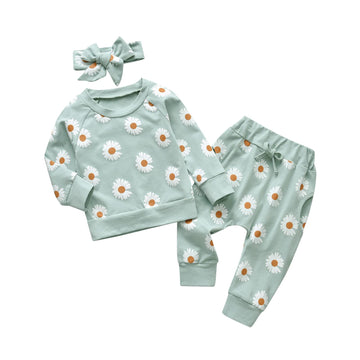 3Pcs Baby Girl Clothes Long Sleeve Daisy Tops Flowers Pants And Headband Outfit Set (9-12 Months)