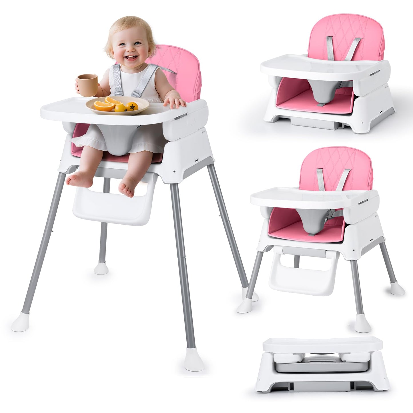 3-in-1 Baby High Chair, Adjustable Convertible Infant Baby Feeding Chair Booster for Eating with Detachable Tray, 5-Point Harnes