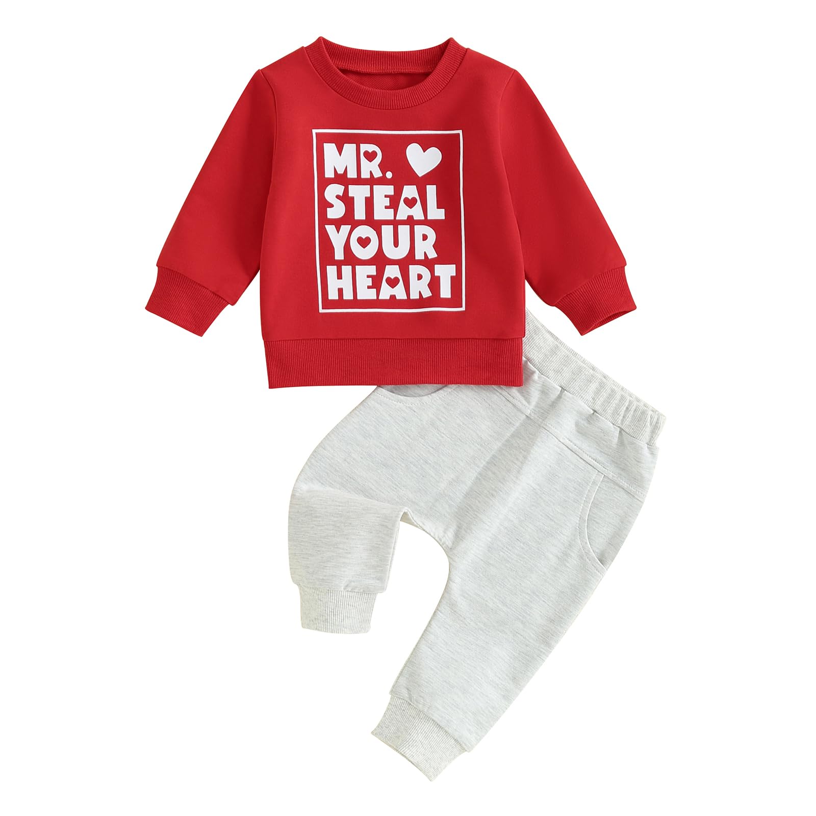 Toddler Baby Boy Valentines Day Outfit Letter Print Crewneck Sweatshirt Top and Jogger Pants Set (Mr Steal Your Heart-Red Light 