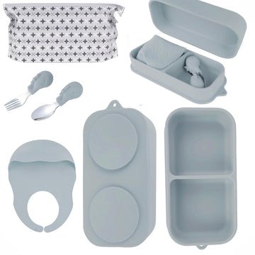 Travel Silicone Baby Feeding Set With 316 Stainless Steel Spoon & Fork ,Silicone Suction Plates, Foldable Bib, Storage Bag - Por