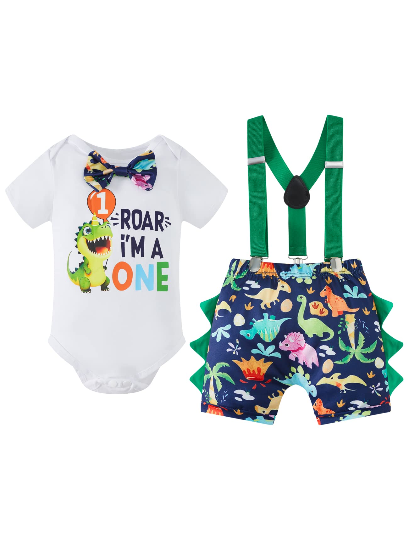 Mommy'S New Man Toddler Baby Boys 1St Birthday Dinosaur Cake Smash Outfit Short Sleeve Bodysuit Bloomers Adjustable Back Suspend