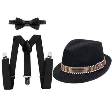 Myrisam Kids 1920'S Themed Party Costume Accessories Set Fedora Gangster Hat Adjustable Suspenders Bow Tie 3Pcs Outfit Black 7-1